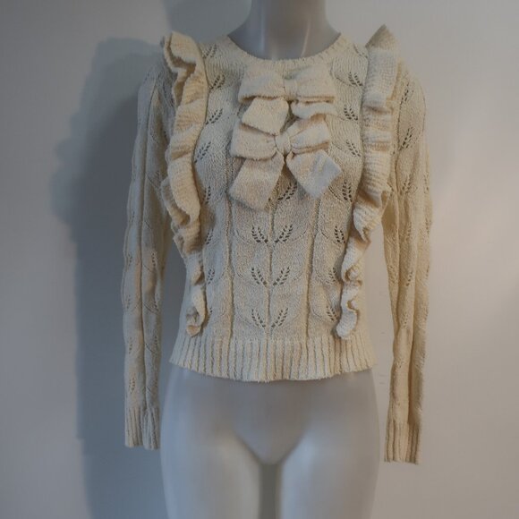 Womens LoveShackFancy Kennie Cream Double Bows  Ruffled Trim Sweater XS - Picture 4 of 11